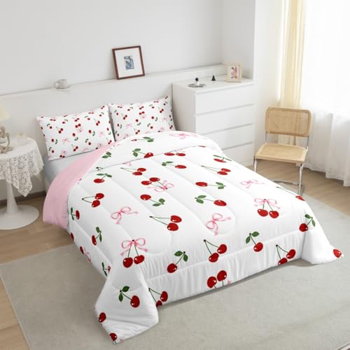 Image of Feelyou Cute Bows Cherry Bedding Set Queen Size Kids Watercolor Bow Comforter Set for Boys Girls Teens Summer Fruit Duvet Quilt Breathable Soft Lightweight Microfiber Bowknot Room Decor