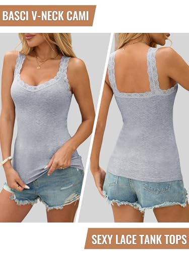 Image of Lace Camisole Tank Tops for Women V Neck Wide Strap Soft Ribbed Lace Trim Cami
