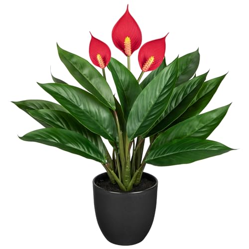 GnFlus 20'' Realistic Red Anthurium Artificial Potted Plant, Fake Flowers for Home Office Farmhouse Kitchen Bathroom Table Shelf Decor