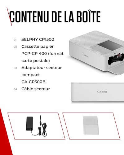 Canon SELPHY CP1500 Imprimante Photo Portable – Impression sans Fil, Impressions Durables, Connectivité USB-C & Carte SD – Imprimante Portable Idéale pour Le Scrapbooking et Les Albums Photo, Blanc