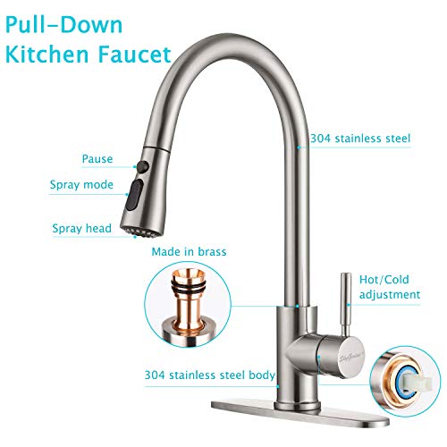 Kitchen Faucet, Single Handle Stainless Steel Kitchen Sink Faucet with Pull Down Sprayer, Pull Out Kitchen Faucets, Faucets for Kitchen Sinks