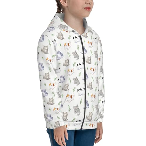Watercolor Cat and Leaf Kids Pullover Hoodies Boys Zip Up Sweatshirts Girls Athletic Clothes with Pocket4
