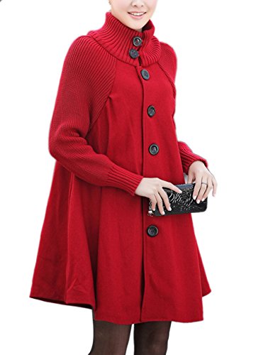 HAHAEMMA Damen Fashion Wintermantel Lang Strickmantel Fleece Knopf Swing Weit Poncho Cape Stil Stehkragen Mantel Winterjacke Loose Fit Kleid(RE,XL)