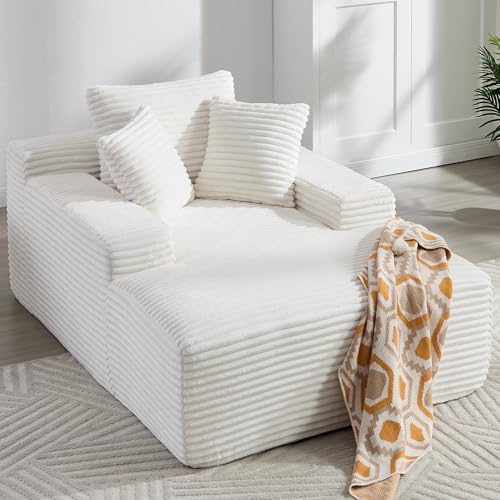 67" Oversized Corduroy Chaise Lounge with Pillows, White