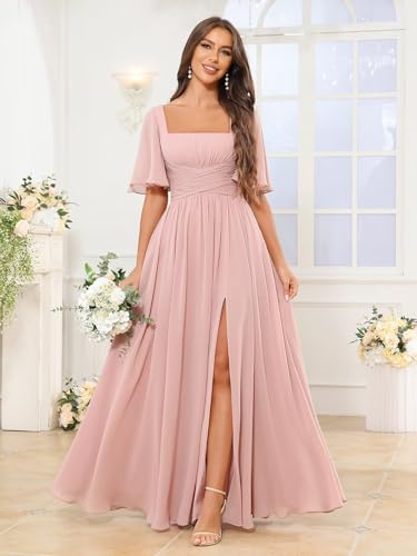 Square Neck Bridesmaid Dresses with Slit Chiffon Flutter Sleeve Long Formal Wedding Guest Dress with Pockets4