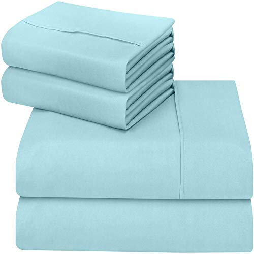 Image of Aqua Blue Bedsheet with 4 Pillow Covers 400TC 100% Egyptian Cotton Premium 5 Piece Bedsheets Queen Size