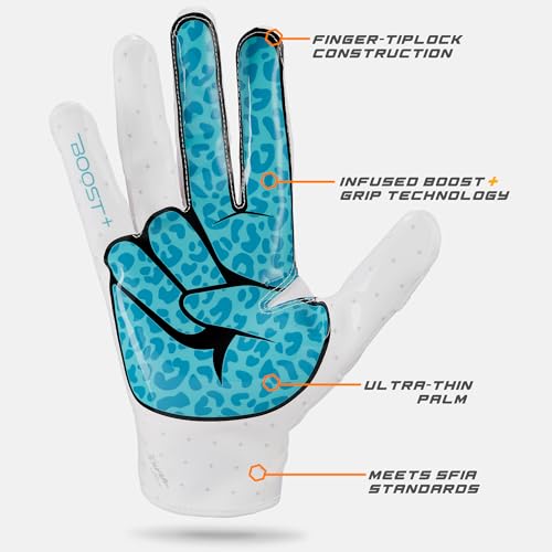 Grip Boost Football Gloves - Peace Stealth 6.0 Boost Plus Sticky Technology - Adult and Youth Football Gloves for Wide Receiver - Men's and Boys Sizes (White/Aqua, Youth Small) — view 5