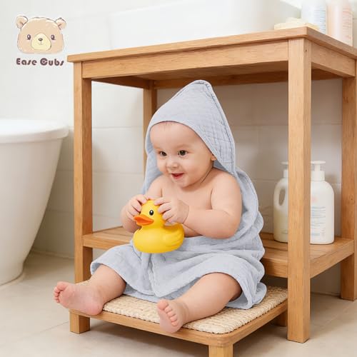 Image of Ease Cubs 3-Pack Muslin Hooded Baby Towels, 100% Cotton, Ultra-Soft & Absorbent Baby Bath Towels with Hood for Babies, Infant, Toddler and Newbron (Grey, Green and Slate,32 inch x 32 inch)