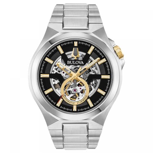 Montre automatique homme Bulova Maquina 98A224 avec bracelet acier et cadran ouvert