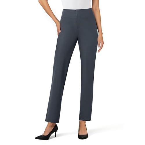 DLOODA Womens Dress Pants Stretchy Straight Leg Pull On Work Pants High Waisted Business Casual Slacks with Pockets Office Dark Grey Large