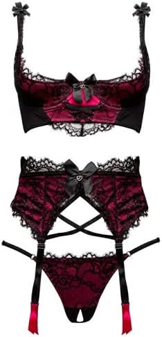 Lovehoney Crotchless Lingerie for Women - Black Boudoir Belle Cherry Satin Open Quarter Cup Bra Set with Lace Suspender Garter Belt & G String - Medium: 6-8
