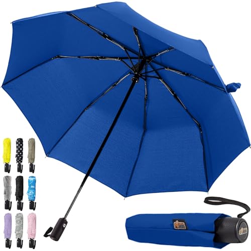Image of GORILLA GRIP Compact Travel Size Umbrella for Rain, Sleek Design Fits Backpack, Purse and Carry On, Lightweight Under 1lb, One Click Open and Close, Wind Resistant, Durable Waterproof Quick Dry, Navy
