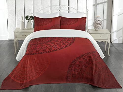 Lunarable Burgundy Coverlet, Old Fashioned Floral Oriental Round Mandala Motifs Traditional Design, 3 Piece Decorative Quilted Bedspread Set With 2 Pillow Shams, King Size, Burgundy Red #TOP1