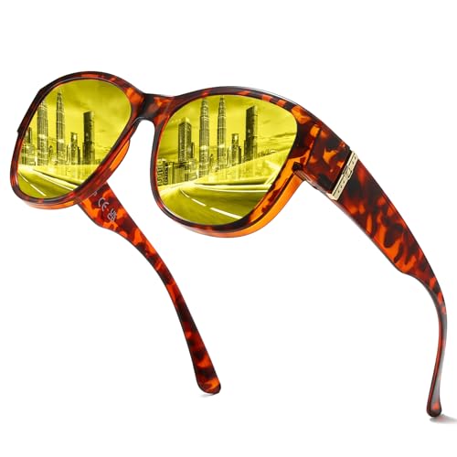 Trysee Women Oversized Night Vision Fit Over Glasses for Driving, Anti Glare Yellow Nighttime Glasses TS8511