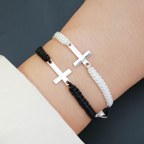 Image of CJIAYUJEW Matching Bracelets for Couples Handmade Braided Love Cross Bracelet Adjustable Heart Matching Attraction Couples Bracelet for Him and Her Bff Friendship Gift