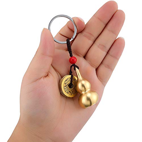 Hotop 3 Pieces Chinese Gourd Brass Wu Lou Keychains Feng Shui Coins Calabash Decorations Pendant Key Rings for Good Luck Fortune Longevity Wealth Success