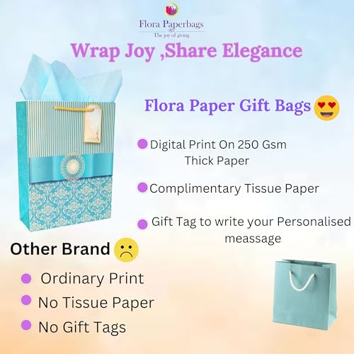 Image of Flora Paperbags Gift Bags -Wedding Paper Bags For Return Gifts |Medium |Paper Bags -Goodie Bags With Tissue Paper And Thank You Card Gift Tag |Pack Of 10 |Size 12X9X3.5 Inches,Wed-Grn-10-Blue