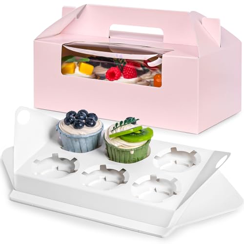 VGOODALL - VGOODALL 6 Count Cupcake Boxes,8 Sets Pink Cupcake Containers with Window for Weeding Birthday Holiday Bakery Supplies Party Decorations 9.3" x 6" x 3.5"