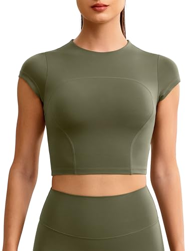Image of ENERBLOOM Workout Crop Tops for Women Yoga Short Sleeve Mild Support Slim Fit Cropped Athletic Shirts Gym Tee Built in Bra