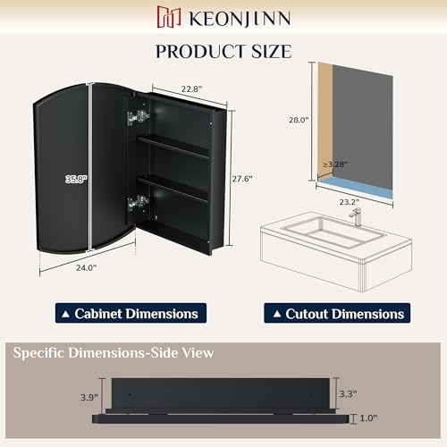 Image of Keonjinn Black Large Medicine Cabinet with Mirror 24 inch x 36 inch, Metal Framed