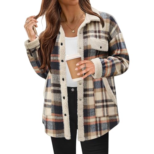 Women's Plaid Flannel Shirt Fleece Side Jacket Oversized Button Down Shackets Jackets Fall Winter Outerwear