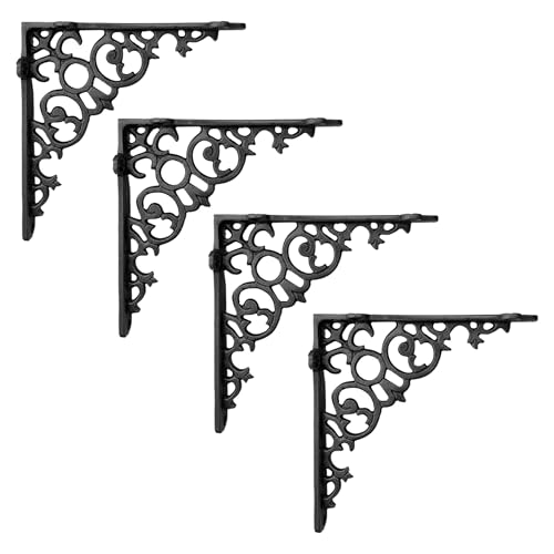 NACH Decorative Shelf Brackets, 4 Pack of 6 x 1.3 x 6 inch, Black Cast Iron Shelf Support Bracket - Metal Shelf Brackets for Wall - Victorian Shelf Bracket
