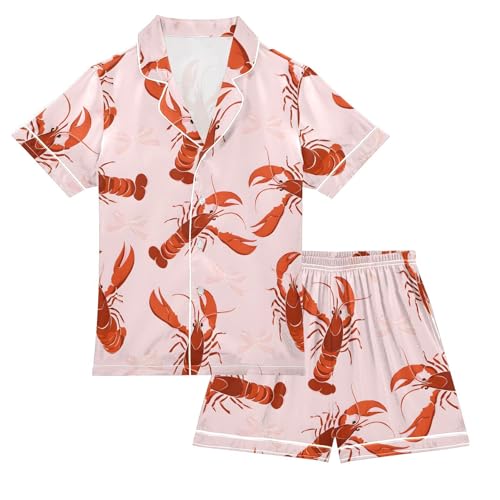 ALAZA Bows Lobster Satin Pajamas Set Short Sleeve Button Down Sleepwear Summer Pjs 2 Piece