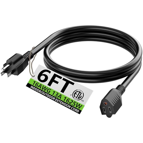 HUANCHAIN 6 FT 16 Gauge Black Indoor Outdoor Extension Cord Waterproof Flexible Cold Weather 3 Prong Electric Cord Outside 13A 1625W 125V 16AWG SJTW ETL Listed