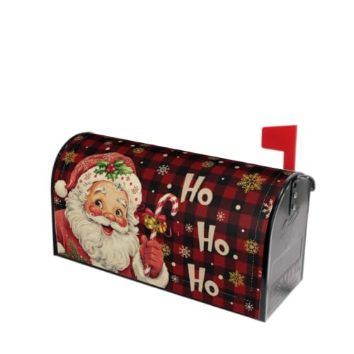 Image of Xmas Mailbox Cover Magnetic Christmas Santa Claus Laugh Winter Snowflakes Buffalo Plaid Waterproof Mailbox Wrap Post Cover Large Size 25.5 inchx21 inch for Garden Yard New Year Decor