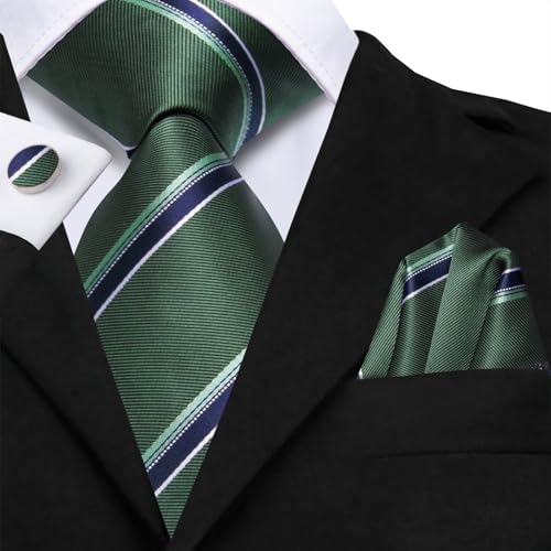 Image of Dubulle Mens Paisley Blue Green Striped Tie and Handkerchief Cufflinks Tie Set for Men Wedding Business Formal
