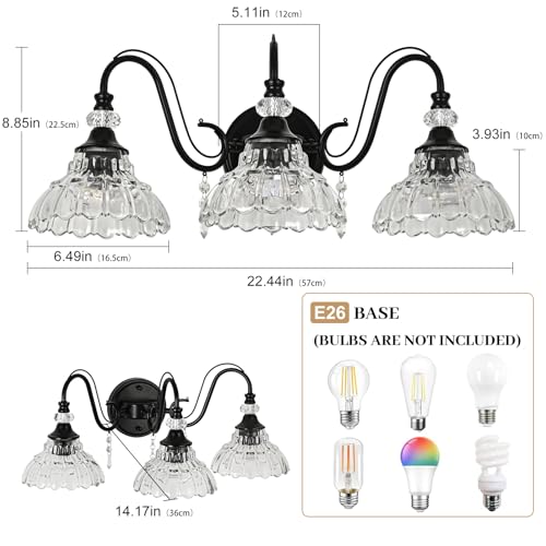 Image of Black Bathroom Vanity Light, 3-Light Matte Black Finish Farmhouse Wall Sconce with Hanging Crystal Accents and Flower-Shaped Clear Glass Shades, Retro Wall Mount Vanity Light Over Mirror for Bathroom