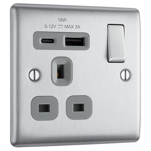 BG Electrical 18W Single Switched Power Plug Wall Socket with Type A USB and Type C USB Charging Ports, Fast Charge, Round Edges, Nexus Metal, Brushed Steel, Grey Inserts, 13A, NBS21UAC18G