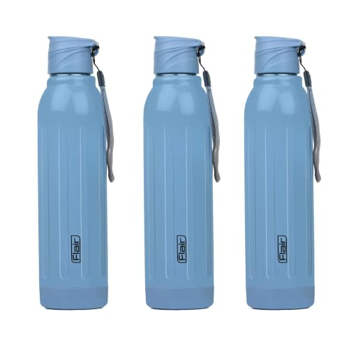 Image of FLAIR Arrow 900 Stainless Steel Water Bottle Set of 3 (650 ml Each), Blue, Hot & Cold, Leakproof, BPA-Free, ISI Certified, Stainless Steel Bottle for Office, Gym, Travel, Trekking & Outdoor Sports