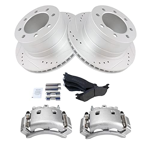 Image of TRQ Rear Performance Brake Pad, Caliper, & Rotor Kit Semi-Metallic Vented Premium G-Coated Compatible with 2003-2008 Dodge Ram 3500