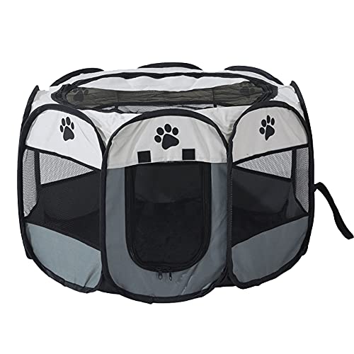 Kleintiere Laufstall, Haustier Achteckiger Hundezaun, Tragbares Faltbares Haustierzelt Hundehütte, Käfig Hund Katzenzelt, Welpen Zwinger, Reißverschluss Netz Freilaufgehege, grau, (MW123) Cover