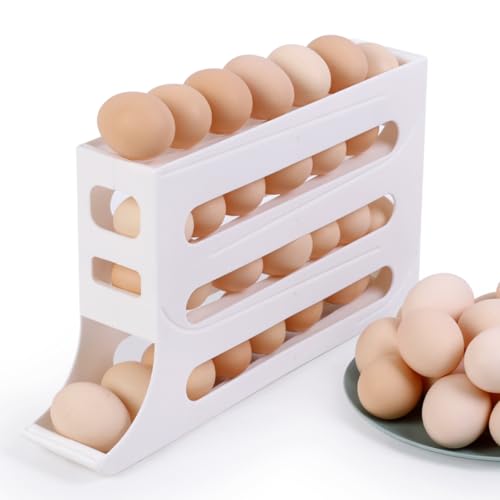 BoxedHome 4 Tiers Egg Holder for Fridge 2024 New Automatic Scrolling Egg Rack Holder Space-Saving Egg Dispenser Holder Large Capacity Eggs Organizer Storage 28 Eggs for Fridge White