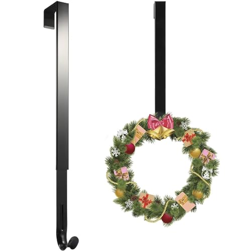 Linwnil Wreath Hanger Adjustable Length from 14 to 26 Inches Wreaths Holder Hook 20LB Heavy Duty for Front Door for Christmas Easter Halloween Decorations Wreath (Black 1pcs 1)