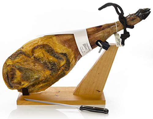 Pata Negra Schinken - Spanischer Iberico Schinken (Vorderschinken) 4-4.5 Kg + Schinkenhalter + Messer - Jamon Iberico (Paleta Iberica de Cebo)