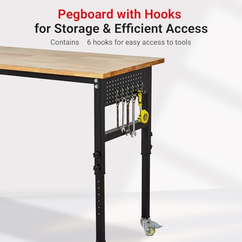 48" x 24" Workbench, MERXENG Heavy Duty Work Bench with Power Outlet, Scales, Pegboard, 6 Hooks, 2200 LBS Load Capacity, 8 Adjustment Height Work Table for Garage, Workshop, Office, Home, Wheels