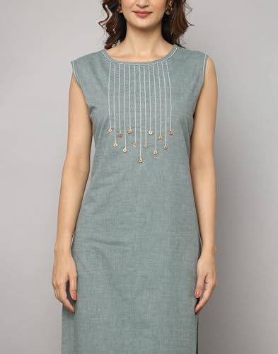 Image of Solid Sleeveless Kurta with Thread & Button Work