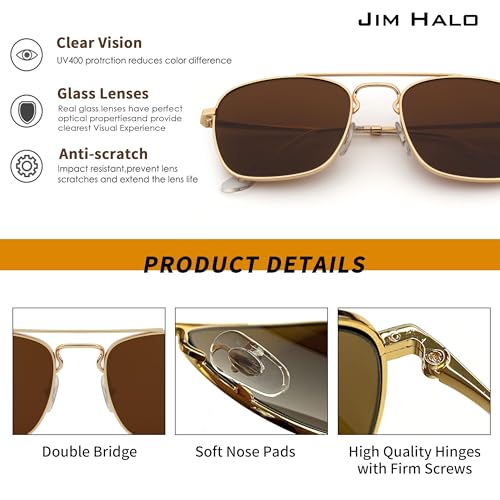 Image of JIM HALO Retro Square Aviator Sunglasses Premium Glass Lens Flat Metal Eyewear Men Women