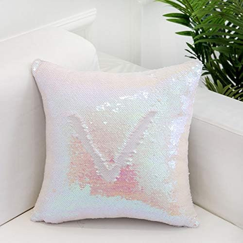 famibay Magic Reversible Sequins Pillow Cover Sequin Throw Pillow Cases Decorative Cushion Cover Pillowcase for Home Couch Sofa Bed 16" x 16" White/Pink