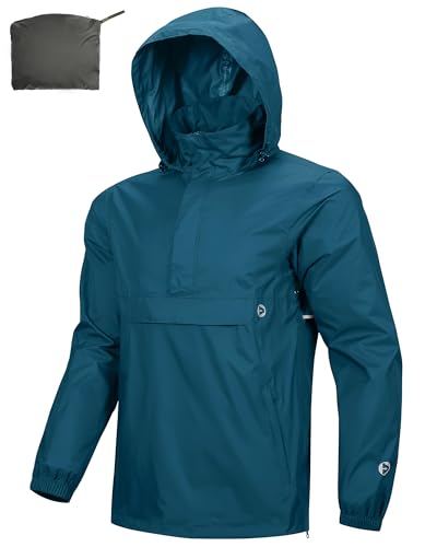 Outdoor Ventures Rain Jacket for Men Waterproof Pullover Lightweight Hooded Windbreaker Outdoor Raincoat Packaway Breathable Windproof Shell Jacket for Travelling, Camping, Hiking, Indigo Blue 2XL