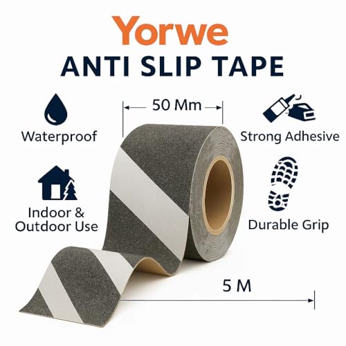 Image of Yorwe Anti Slip Stair Tape with Glow in the Dark Strip - Heavy Duty Waterproof Non Slip Traction Tape for Stairs, Steps, Outdoor & Indoor Safety (Black and Gray, 5 Meter)