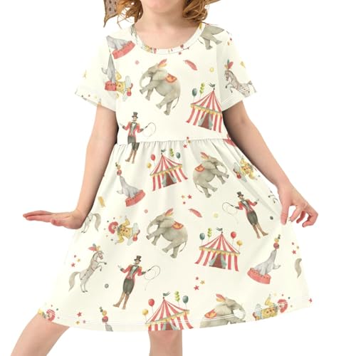 Pigsaly Girls Short Sleeve Dress Watercolor Circus Animals Girls Summer Dress Clown Tent Playwear Dresses 4T Multicolor3