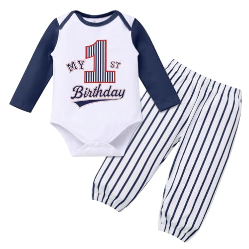 IMEKIS Baby Boy Baseball 1st Birthday Outfit Long Sleeve Romper Pants Cake Smash Photoshoot Clothes Set