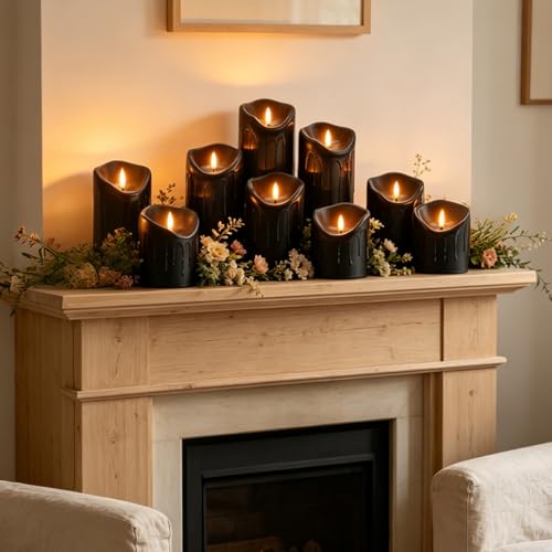 Image of 9 Pcs Flickering Flameless LED Pillar Candles, (D 3 inch x H 3 inch 4 inch 5 inch 6 inch 7 inch) Battery Operated with Remote Plastic Wax Drip Fake Candles for Home Wedding Holiday Decor,Black