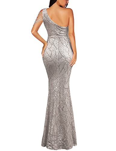 Image of Women One Shoulder 1920s Plus Size Formal Dress Tassels Sleeve Sequins Gatsby Maxi Evening Gown