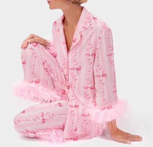 Women Feather Trim Holiday Pajamas Cute Bow Heart Satin Pjs Silk Long Sleeve Button Pajama Shirt Lounge Pants Sets4