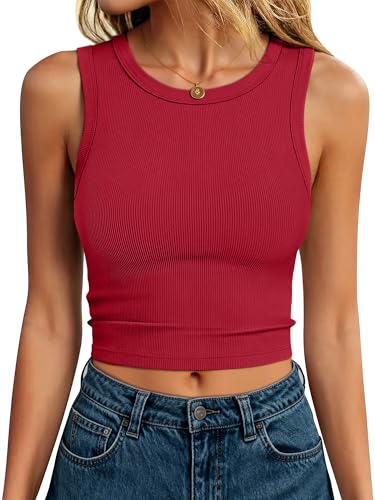Image of ANRABESS Womens Crop Tank Tops High Neck Sleeveless Ribbed Knit Slim Fit Shirts 2026 Summer Casual Basic Workout Clothes